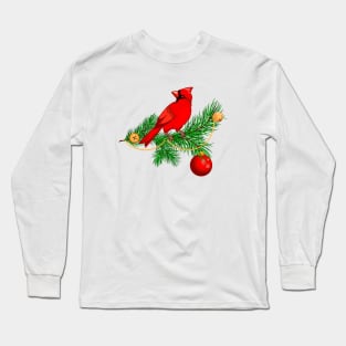 red cardinal on a spruce branch Long Sleeve T-Shirt